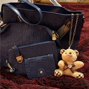 Navy Embossed Handbag and Wallet Set with Gold Accents